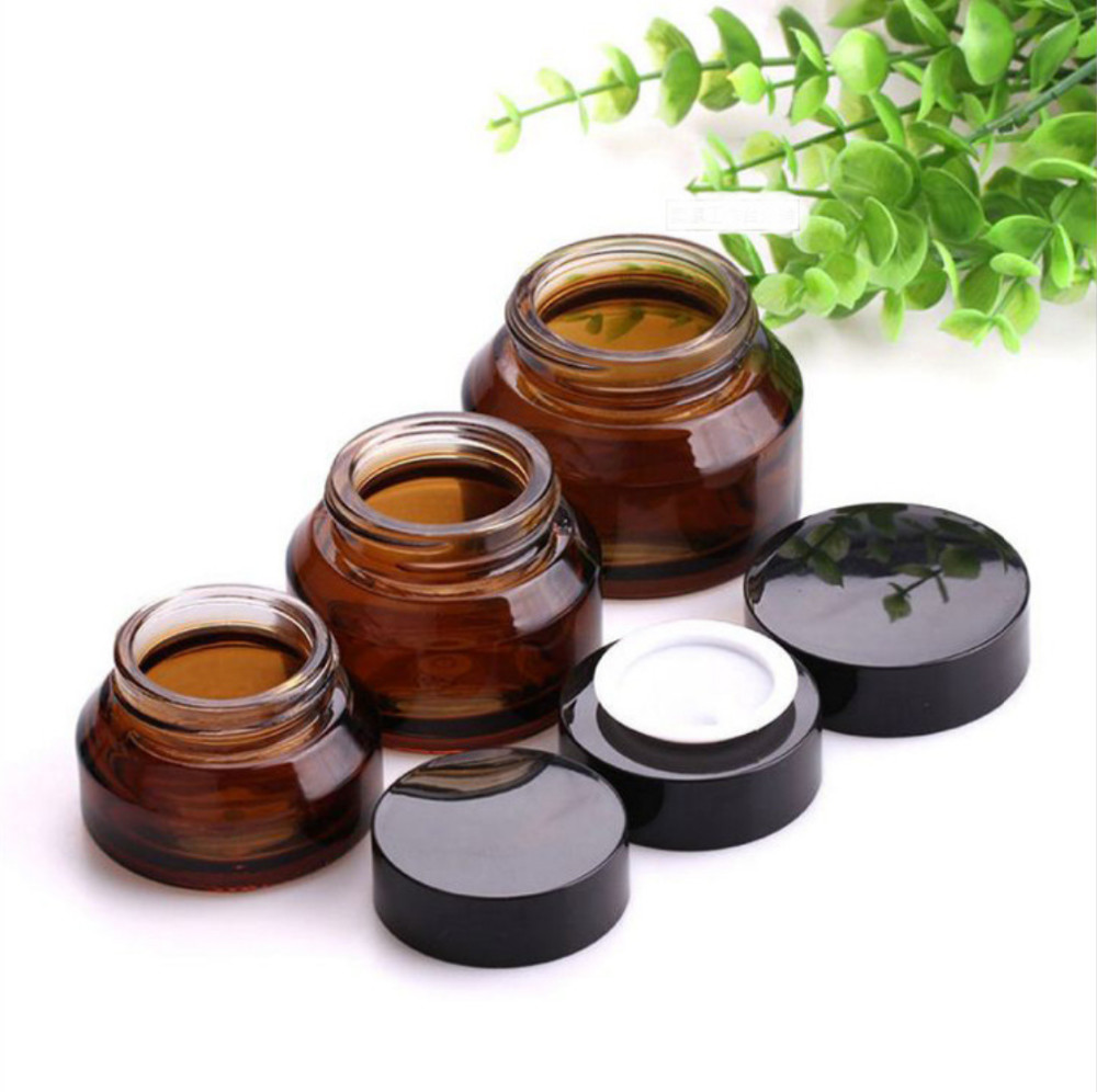 Amber Glass Empty Cosmetic Cream Jar Elegant Black Lid Aluminum Cap
