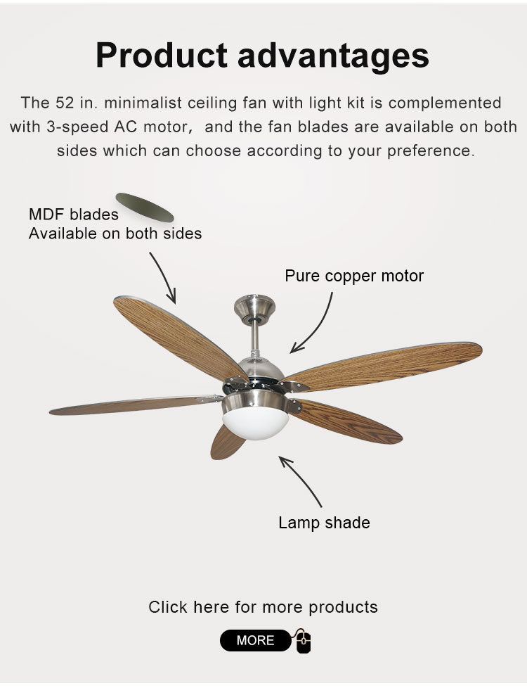 Remote Control Switch Ceiling Fan with Light Traditional Style Low Noise and High Speed