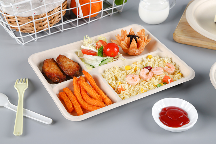 Fiber 5 Section Compartment Tray Bagasse Natural Hot Selling Disposable Plate Dish Rectangle Sugarcan Fiber Food 50000pcs