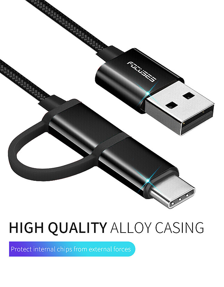 Nylon Braided 2 In 1 Charging Cable 3m OEM Type C USB 2.0 Cable
