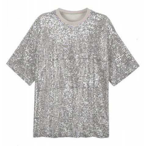 Bulk Mens Sequin T Shirt , Polyeste Back Zipper Metallic Silver T Shirt