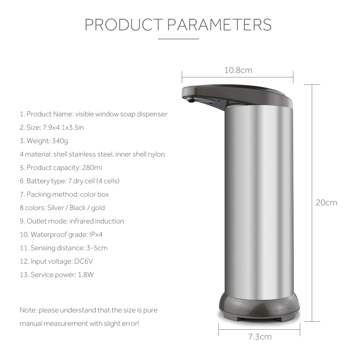 Visible Window Automatic 280ml Motion Sensor Soap Dispenser