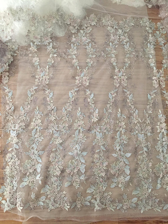 36 Inch Pearl Beaded Embroidery Lace Fabric By Yard For Haute Couture Wedding Gown