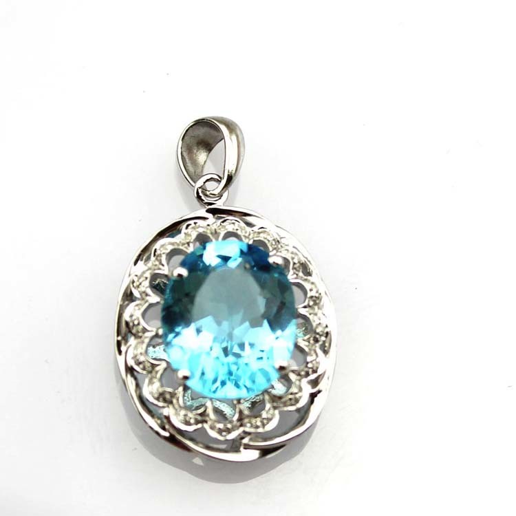Women Jewelry 9mmx11mm Blue Topaz CZ Diamonds Sterling Silver Pendant Necklace (PSJ0199)