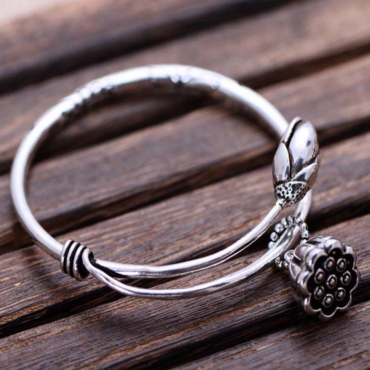 Sterling Silver Bangle Cuff Bracelet Engraved Water Lily Flower Vintage Jewelry(053128W)