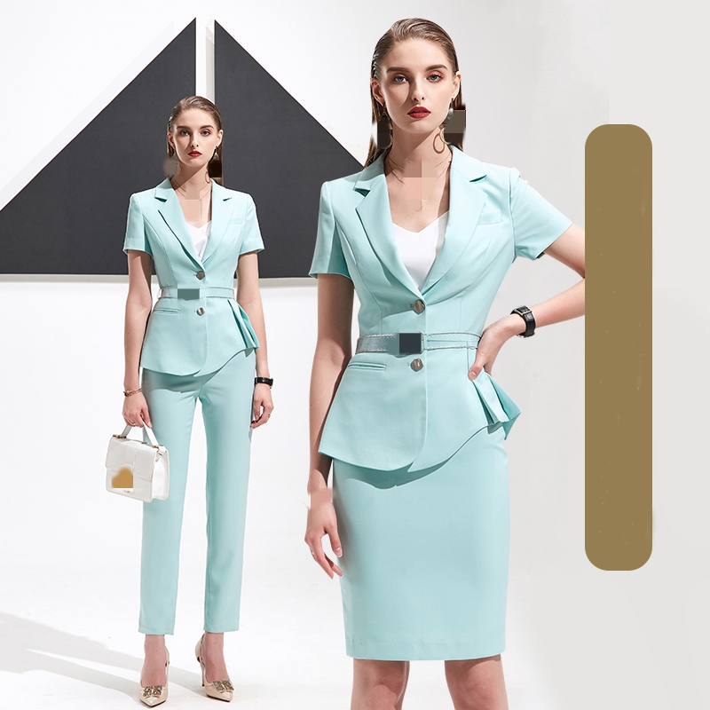 2021 Fashion Women's Slim Formal Office Skirt Suit with V-neck Collar and Full Sleeves