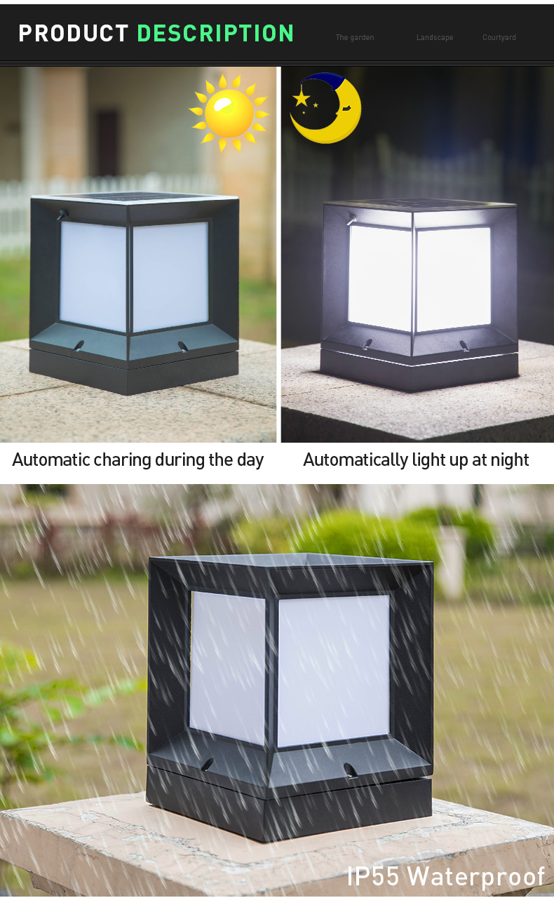 Aluminum Gate Fence Solar Pillar Light 2W Square IP55 Waterproof