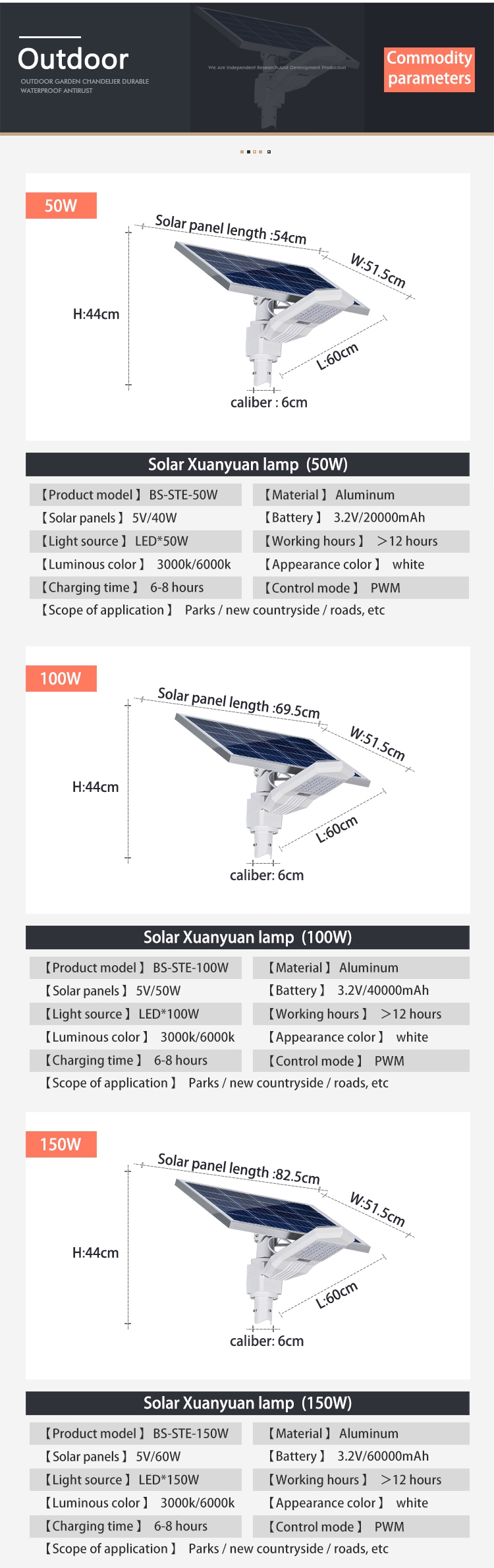 100W Led Outdoor Solar Street Lighting Integrated IP65 Water Resistant Easy to Install