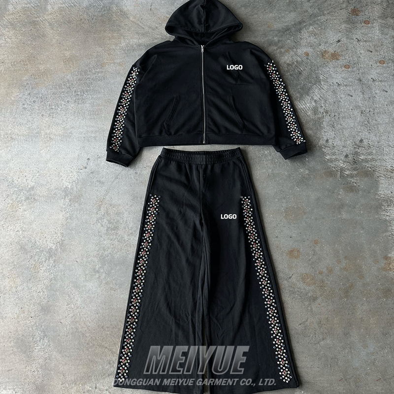 Rhinestone Puff Printing Logo Mens Zip Up Tracksuit Heavyweight Mens Sportswear Tracksuit
