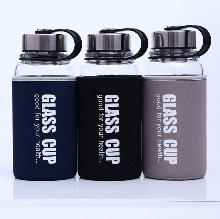 Big Size Sports Durable High Borosilicate 1 Liter Glass Water Bottle With Nylon Sleeve