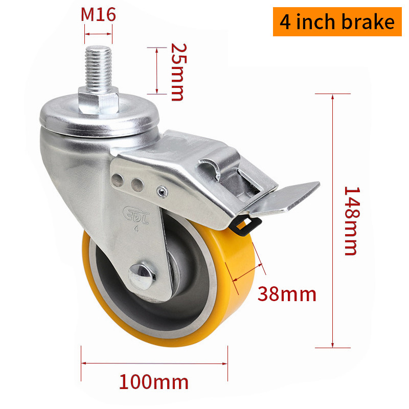 EDL Medium Duty Aluminum Caster 4inch 300kg Threaded by Swivel and Brake type 664S-86A