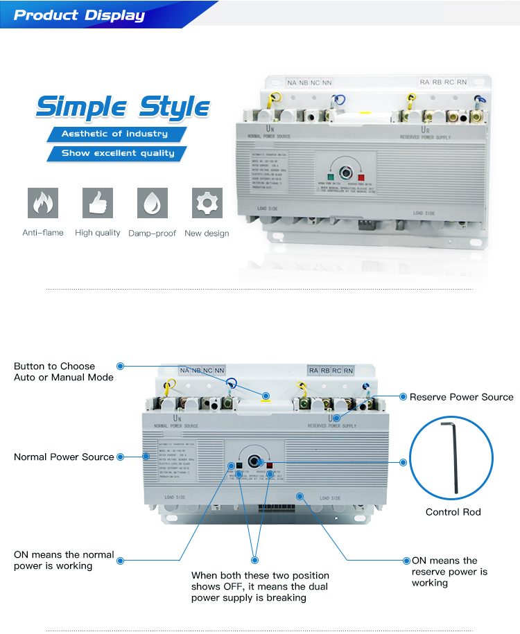 ATSQ2 Model 4 Poles MCCB type smart Dual Power Automatic transfer switch without LCD display