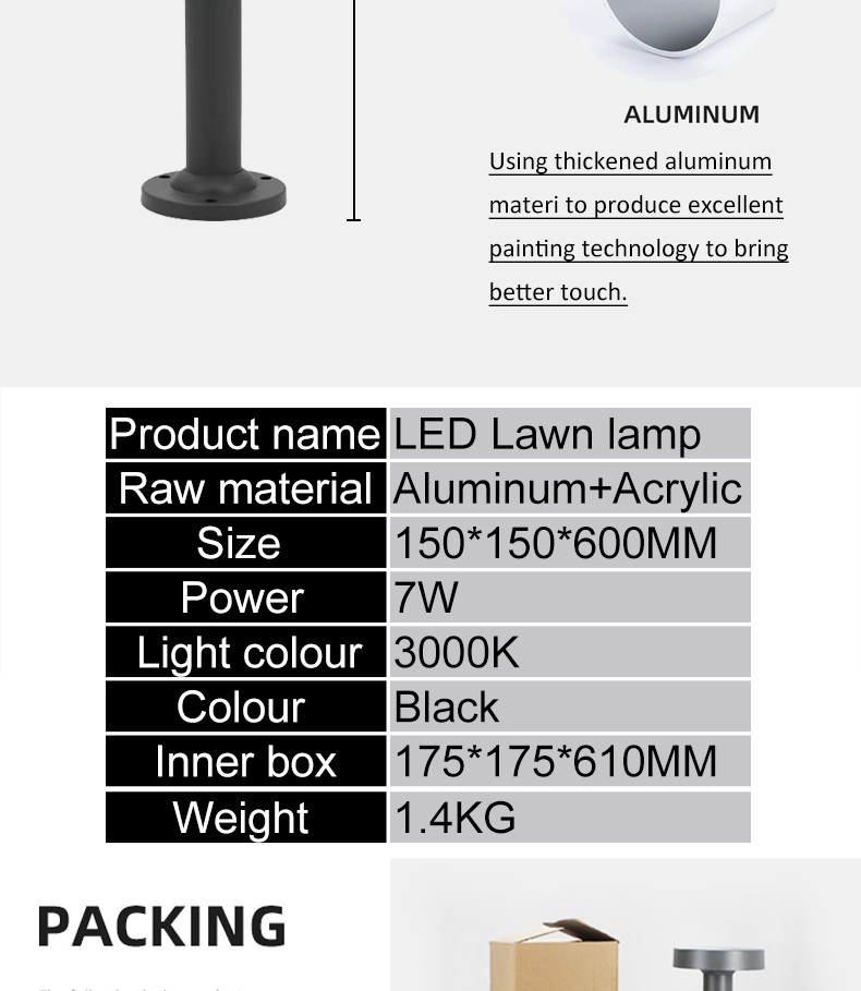 Pathway LED Lawn Lights Outdoor Fixtures 7W Lamp Beads 3000K 185x600mm