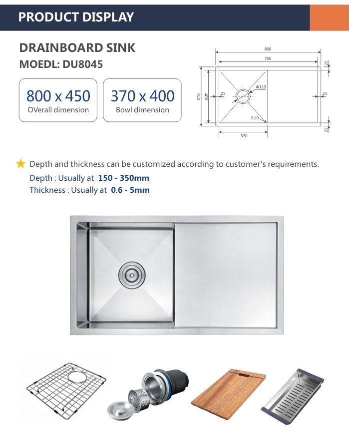 16 Gauge 32 Undermount Single Bowl Kitchen Sink With Drainboard 80x45