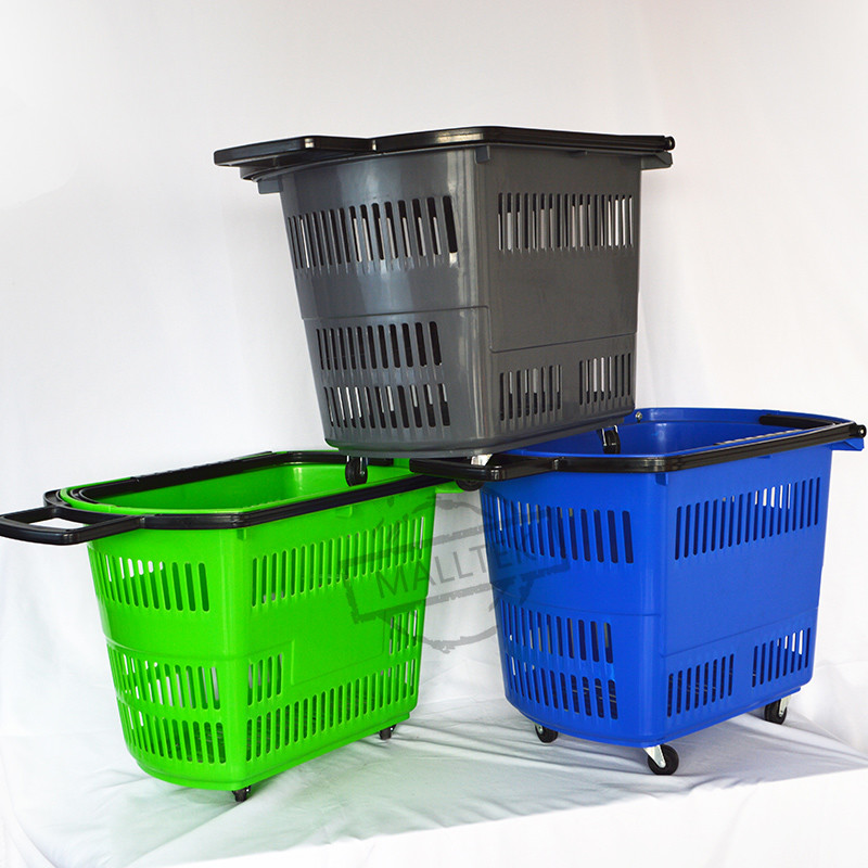 Collapsible Shopping Trolley Plastic Cart Market Tote Basket For Shop With Wheels