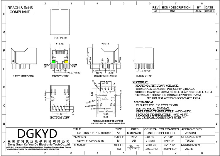 DGKYD111B485BA2A1D Fast Ethernet Connector Single Port 8P8C RJ45 Magnetic Jack Network Connector With LED