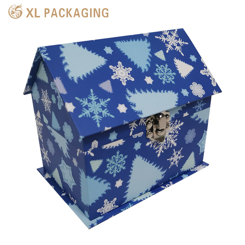 Custom Design Holiday House Shape Box With Metal Lock , Rigid Paperboard Gift Paper Box