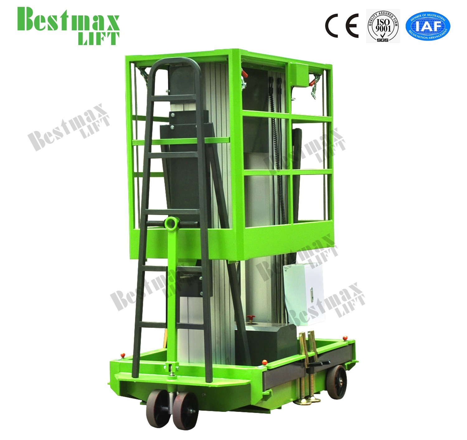 Green Double Mast Mobile Vertical Lift Platform For 9m Platform Height