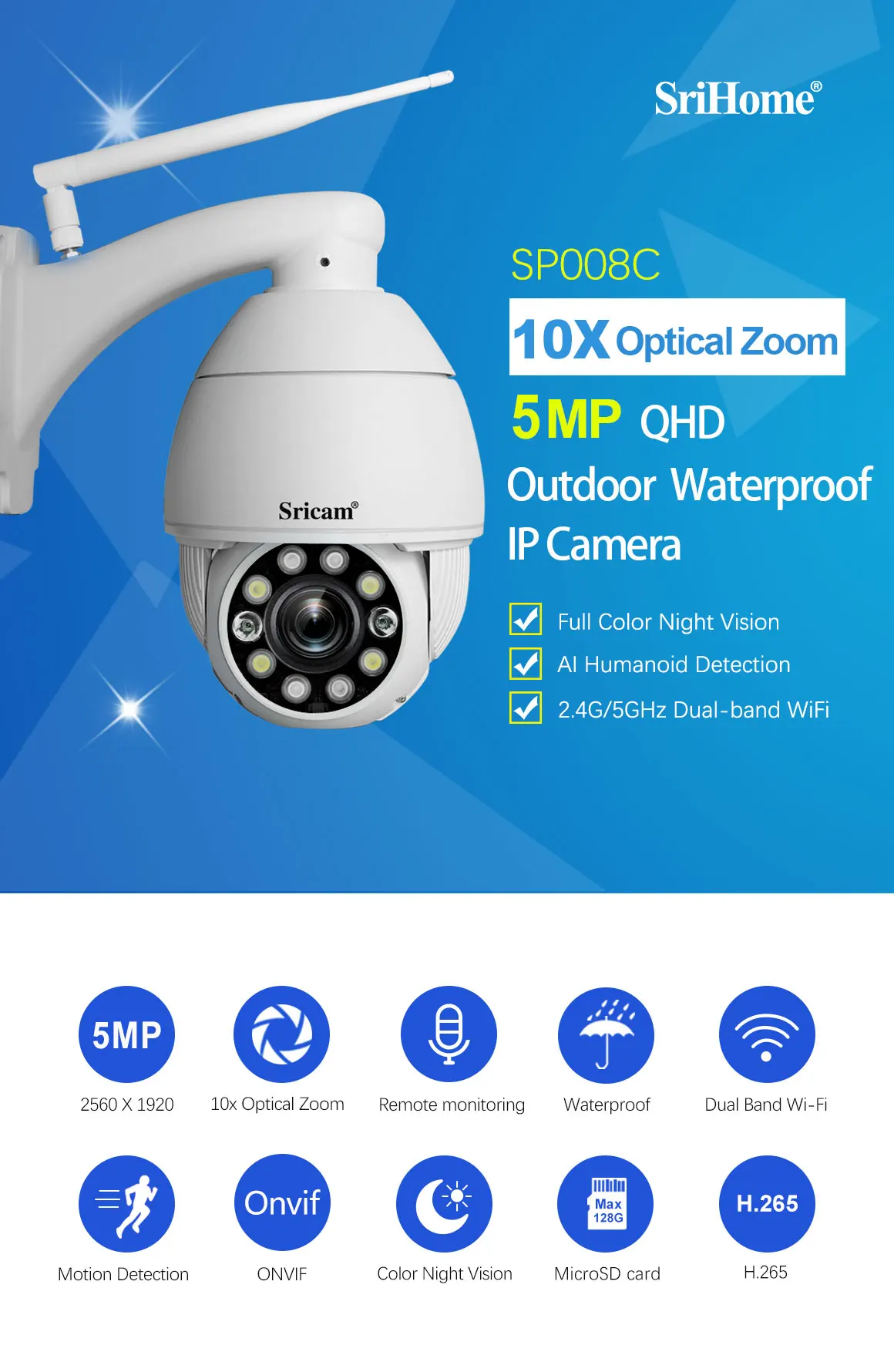 SriHome SP008C Monitoring 4.9mm~47.04mm 10x Optical Zoom Lens Waterproof Monitoring CCTV Safety Camera Wifi