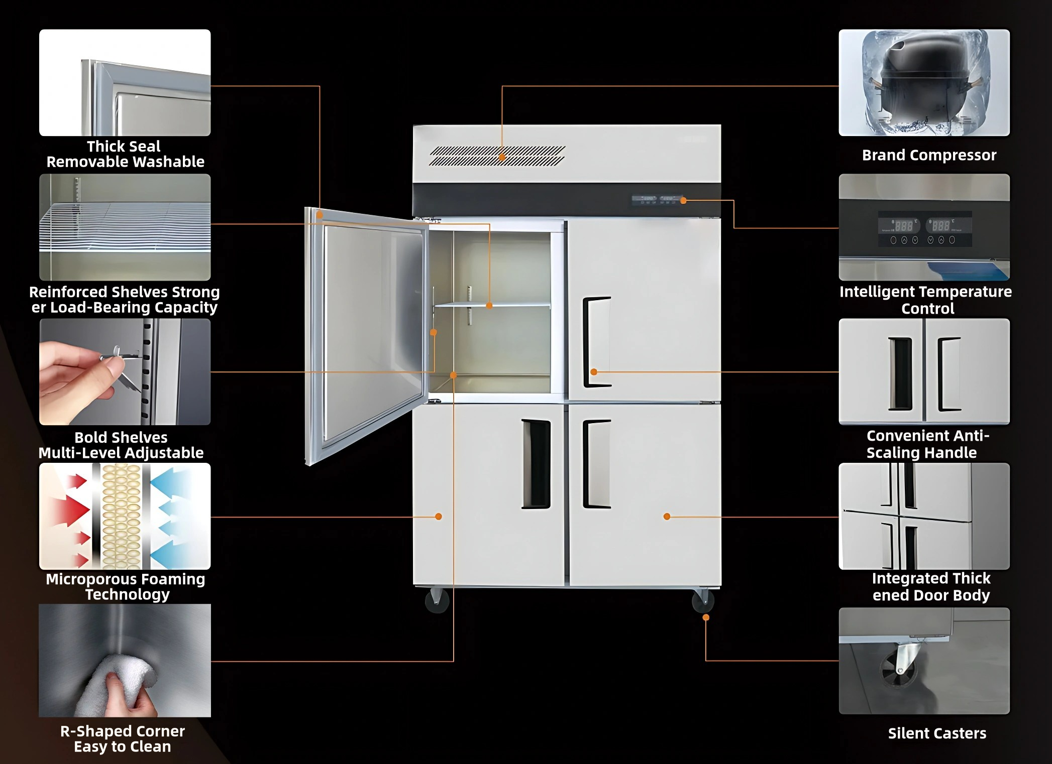 Commercial Fridge Freezer Refrigerator Stainless Steel Vertical Chiller with 4 Doors