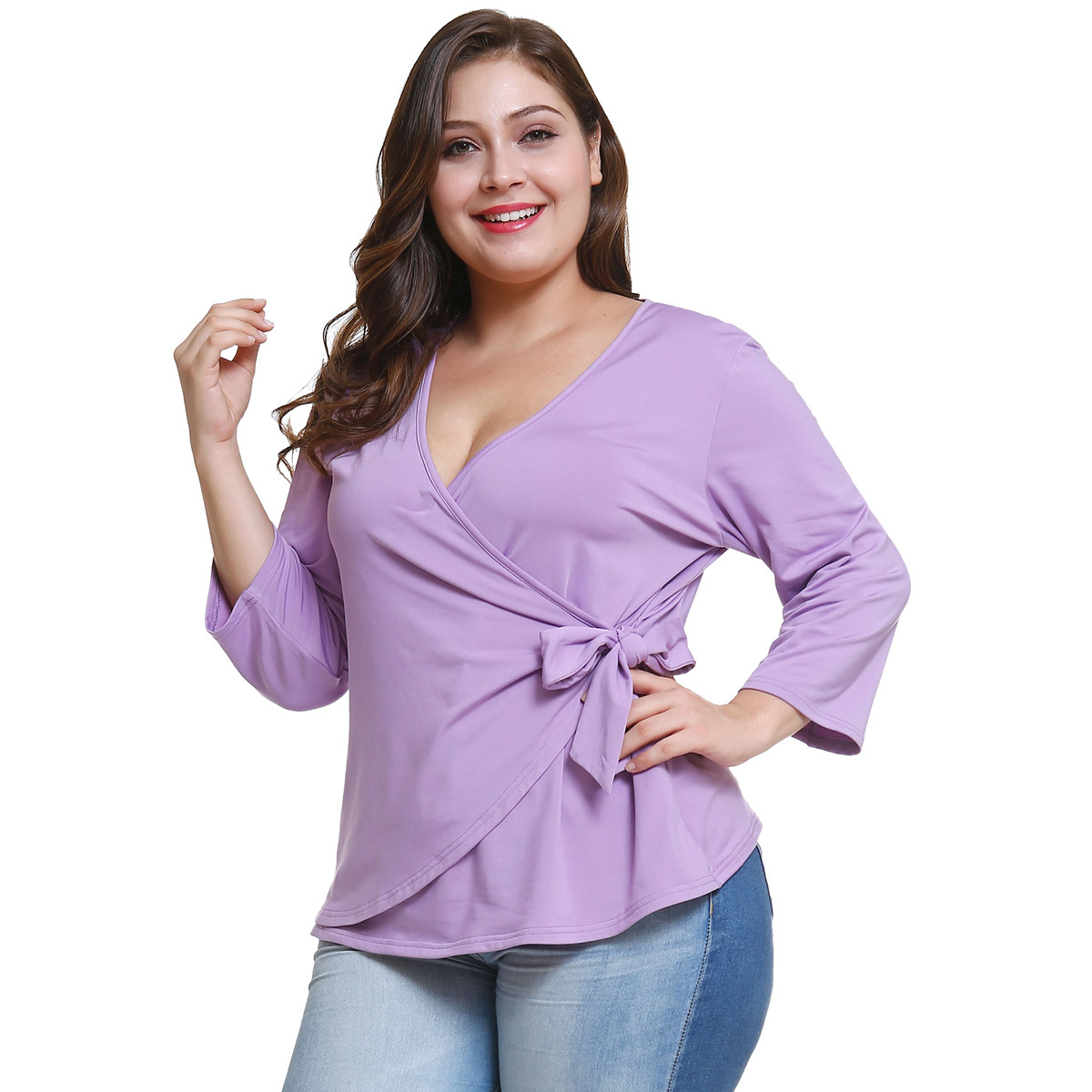 Custom Made V Neck Plus Size Ladies Shirts Long Sleeve Ruffles Decoration