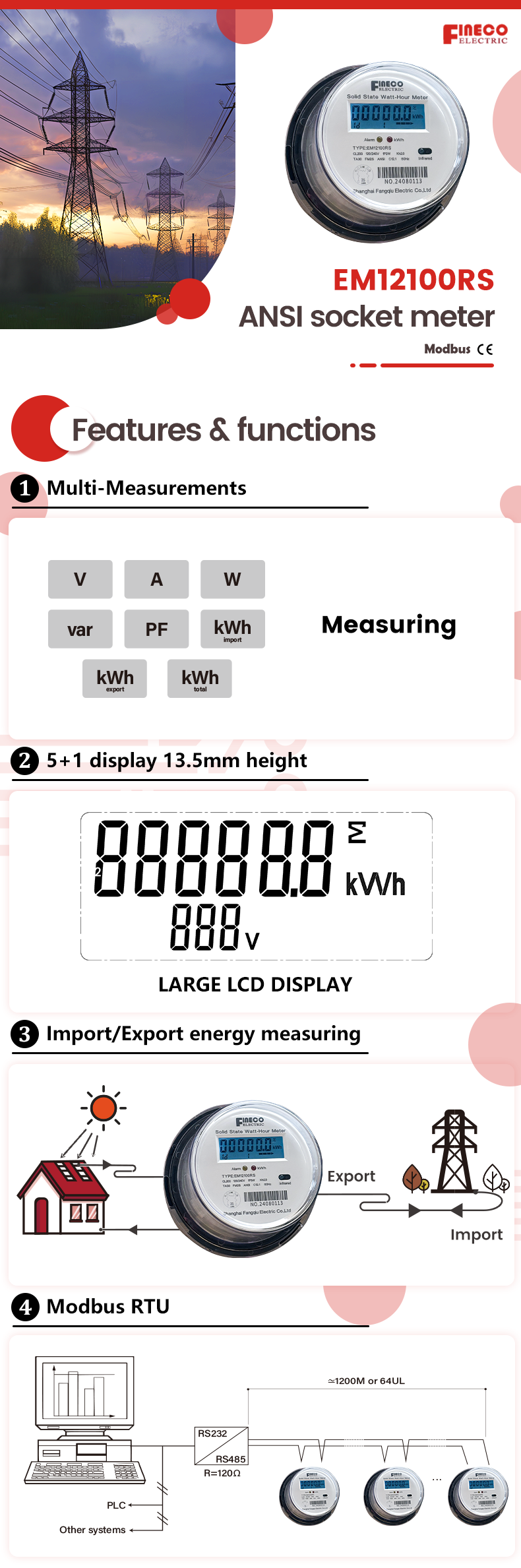 Digital Display EM12100RS ANSI 2S Two Phase Three Wire Digital Electricity Power Meter