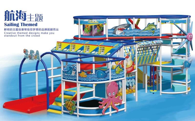 Indoor soft playground in blue design for kids with sailing theme