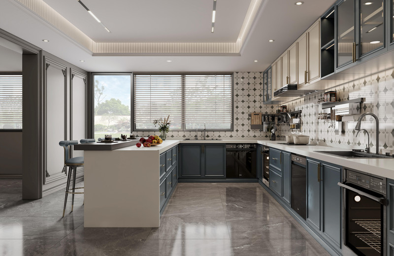 Versatile French Style Kitchen Cabinet With Indigo Blue And Cream Contrasting Design
