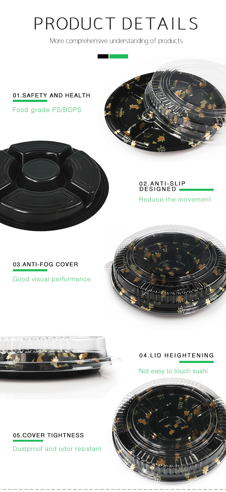 Round Food Grade Plastic 5 Divided Sushi Packing Box