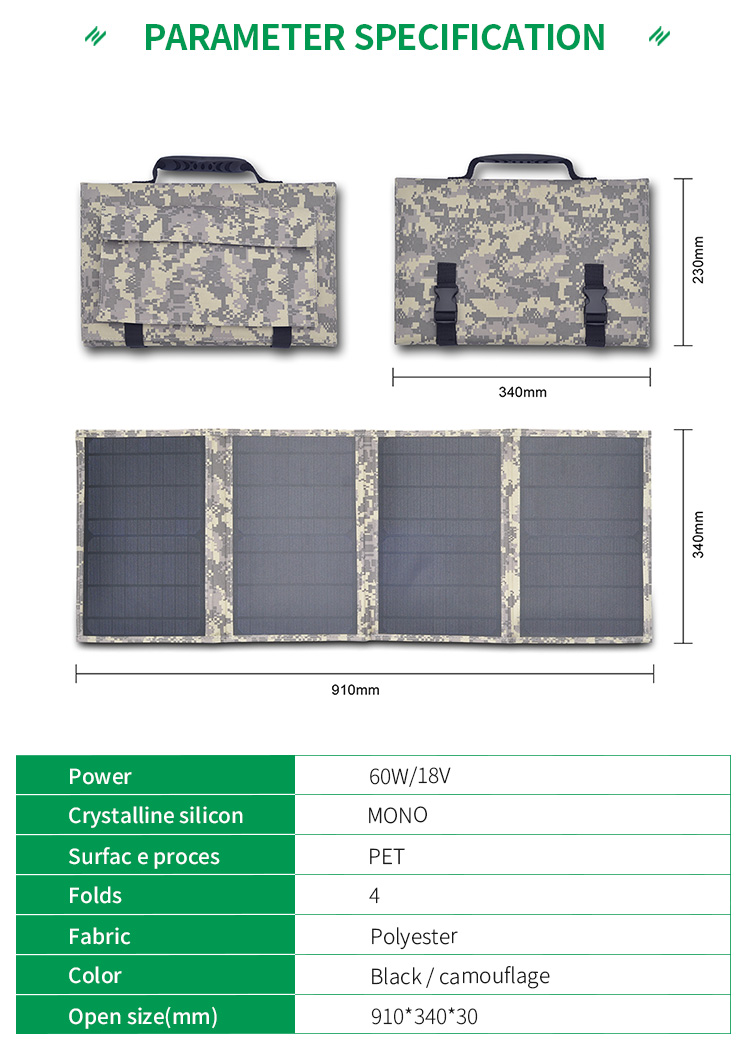60W 18V Foldable Solar Panel Portable Folding Outdoor Camping Monocrystalline Silicon