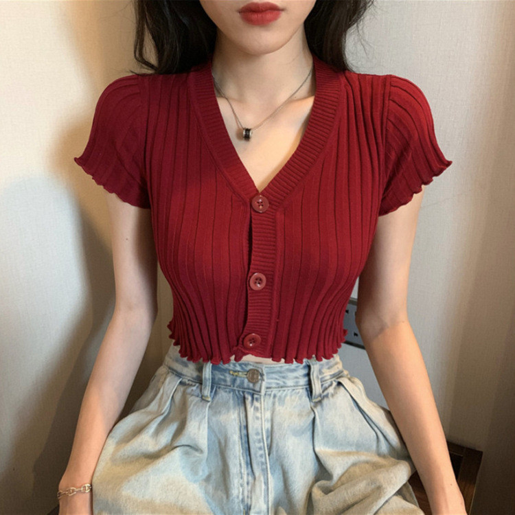 Summer V Neck Women Crop Top , Single Breasted Short Sleeve Knit Crop Top