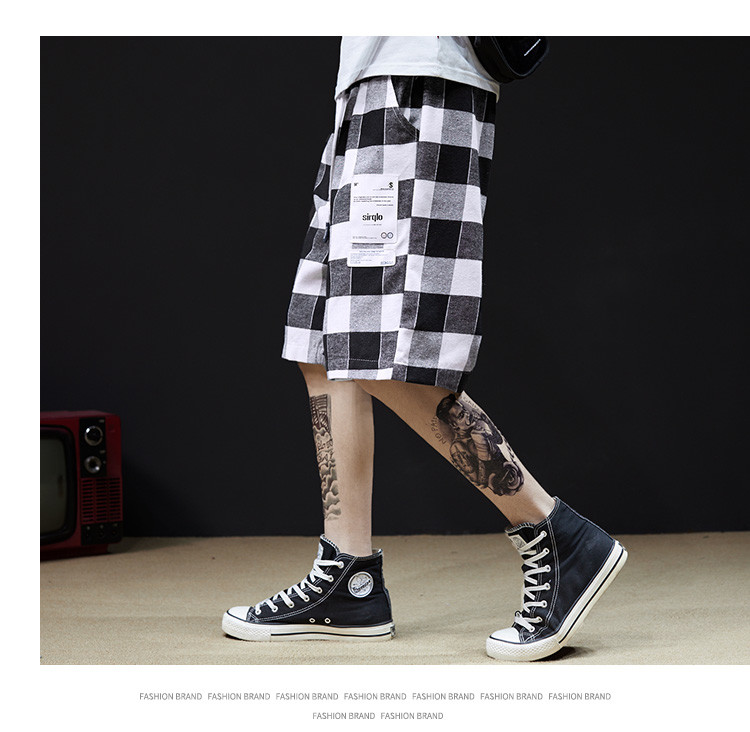 BEIANJI Cotton Polyester Black White Checkered Shorts Garment Dyed