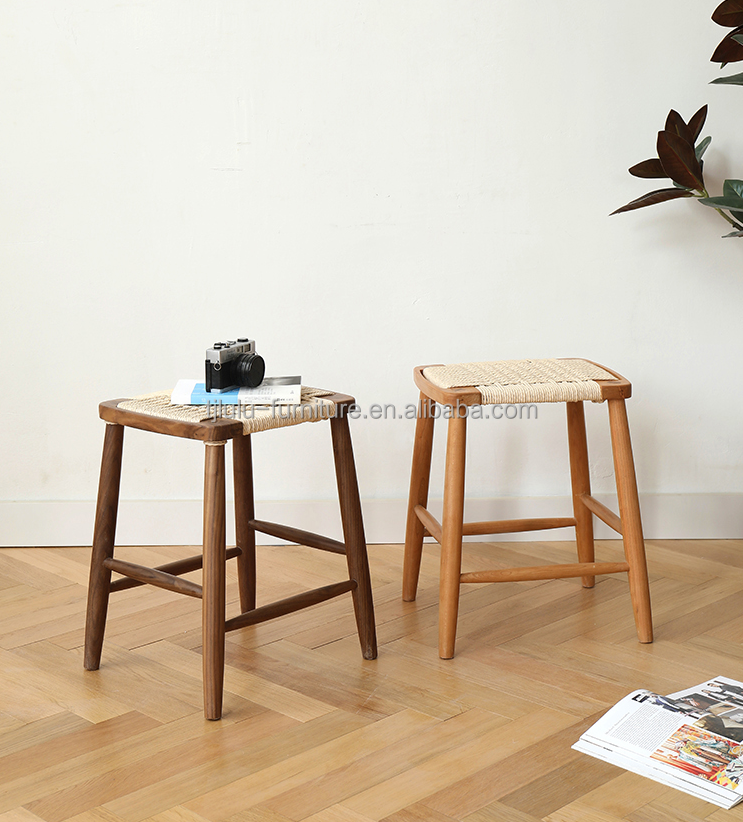 Modern Minimalist Nordic Bar High Stool Solid Wood Woven Rope Cafe Restaurant Stool For Events W30*D35*45/70CM