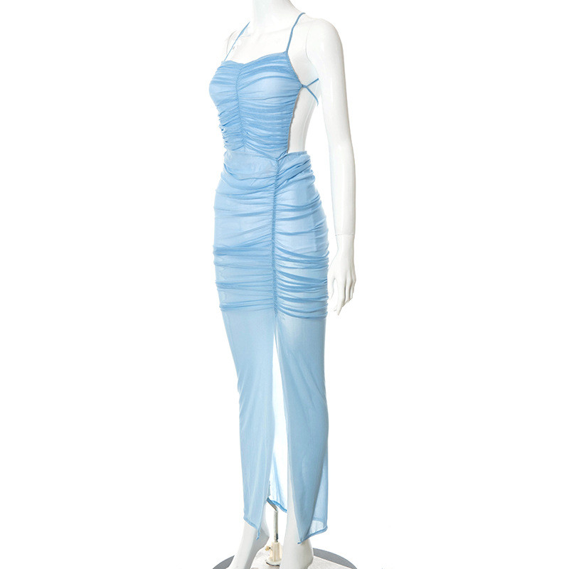 Solid Color Womens Party Maxi Dresses Hollow Sling Lace High Slit