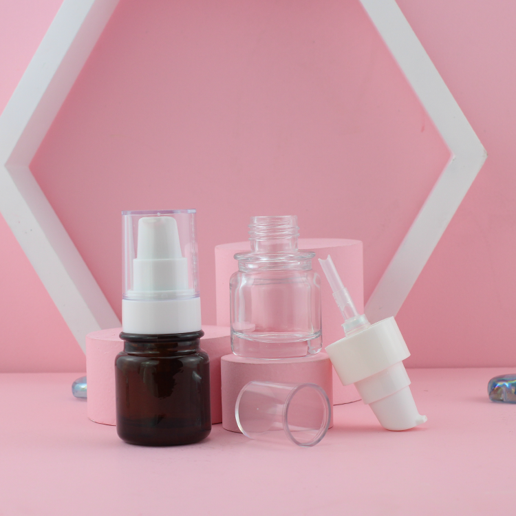 Cosmetic Packaging 30ml Round Clear Serum Lotion Foundation Glass Bottle With Pump
