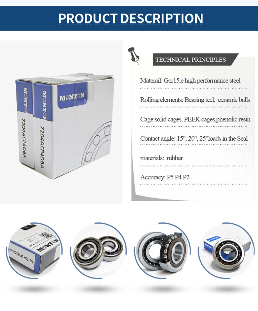 Monton Brand B706-C-T-P4s Angular Contact Ball Bearing Tandem Thrust Bearings High Speed Flange Sleeve Bearing for Machine Tool Spindle