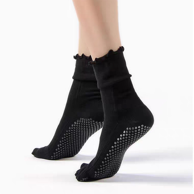 Women Ruffle Cuff Non Slip Yoga Socks Five Toe Grip Pilates Socks