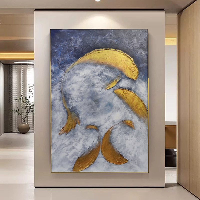 Oil Painting Medium and 6 Color Print Method Used for Hand Painted Goldfish Gold Foil Art Living Room Art