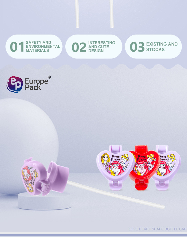Heart-shaped Cartoon design child resistance cap cute plastic water bottle caps with straw