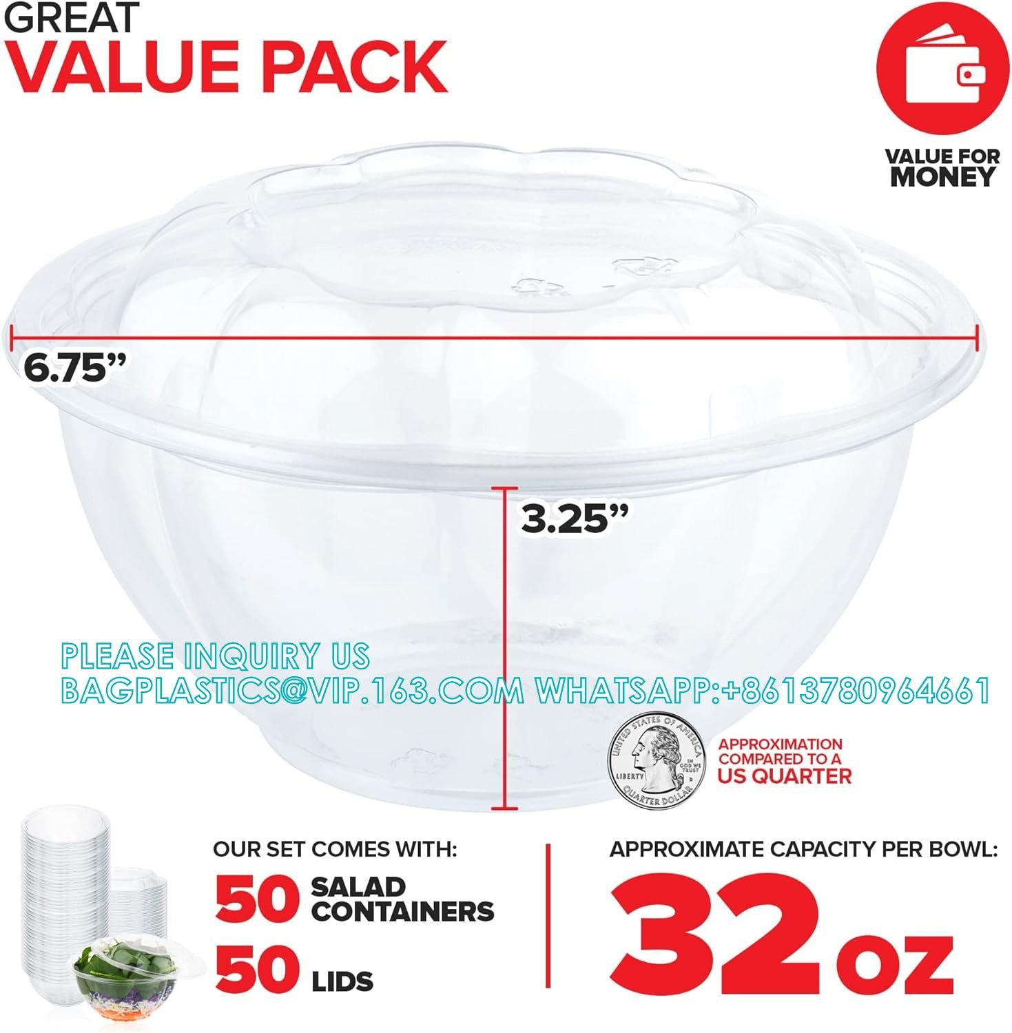 18oz Clear Plastic Salad Bowls With Lids Disposable (50 Pack) Mini Takeout Container Snap On Lid For Fruit Salads