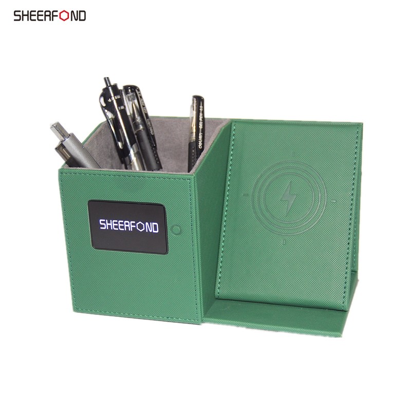 ODM Ultraportable Leather Pencil Holder , Dustproof Wireless Charging Desk Organizer
