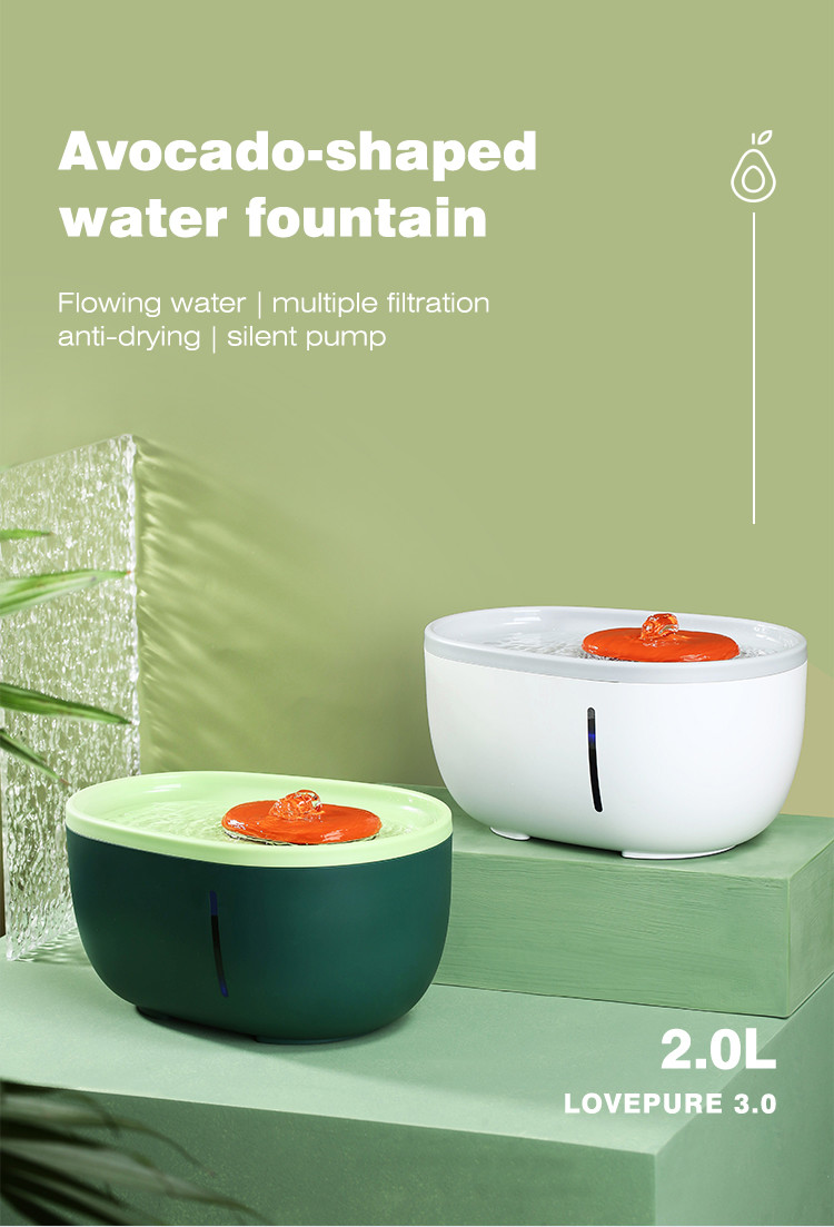 Pet Feeder Automatic Water Dispenser Avocado Shaped 4 Layers Filter Blue Light