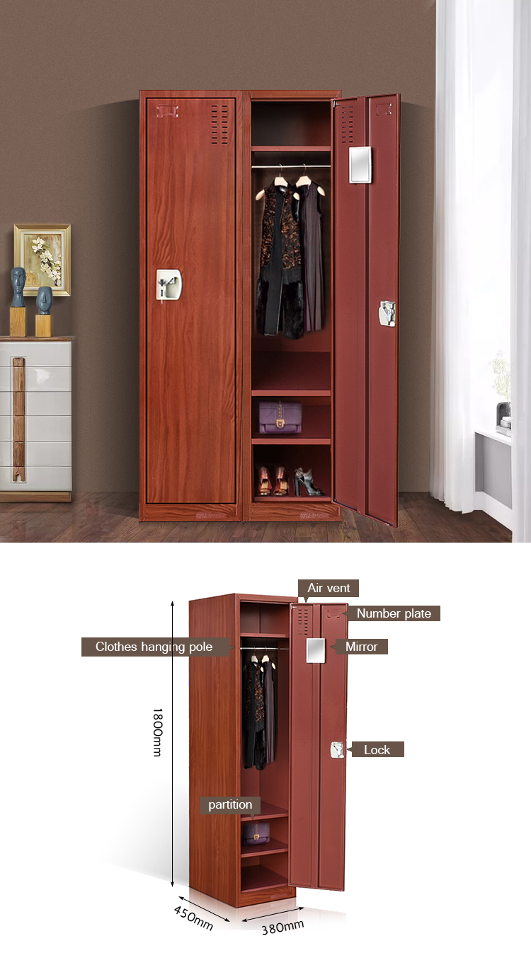 Single Door Clothes Wardrobe Metal Bedroom Locker With Wooden Color