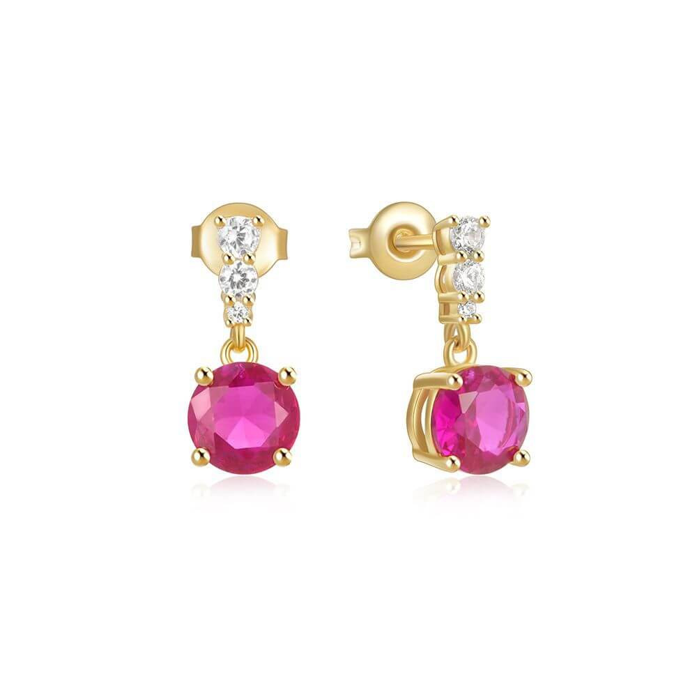 Dainty 925 Sterling Silver 18K Gold Round Cut Red Gemstone Drop Earrings for Women Daily Wear Fine Jewelry