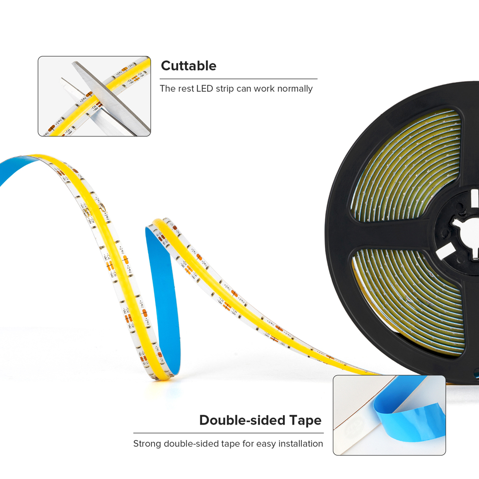 5mm Ultra Slim COB LED Strip 384LEDs/M 12V/24V High Density RA90 3000K Flexible Linear Dimmable Super Thin COB LED Tape