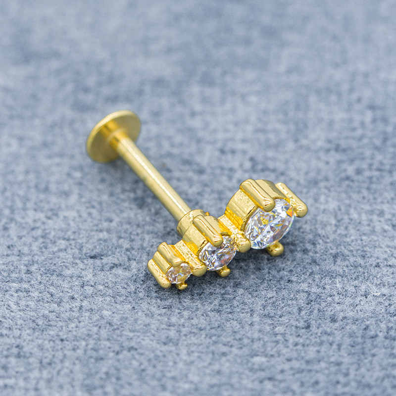 16ga Zircon Gems Labret Piercing Jewelry Gold Lip Stud 316L Stainless Steel