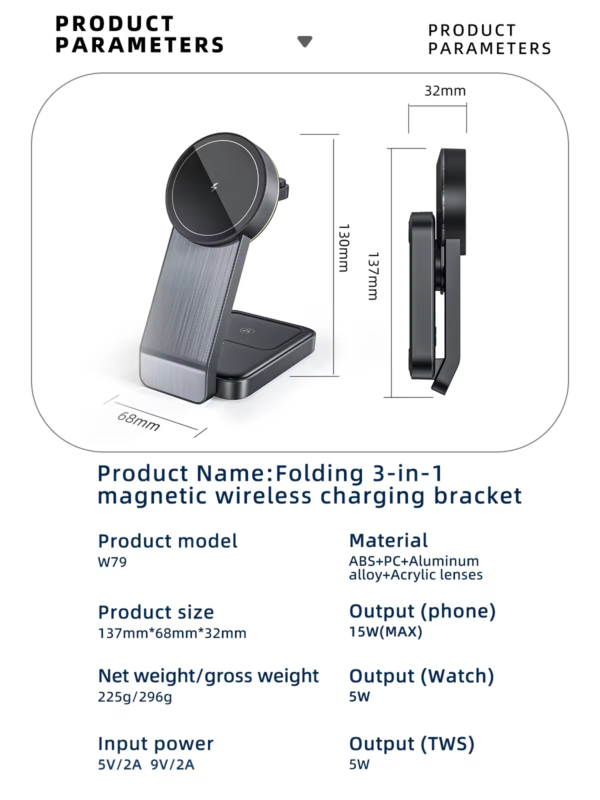 Magnetic 3-in-1 Wireless Charger with 15W Qi Fast Charging and OCP Protection