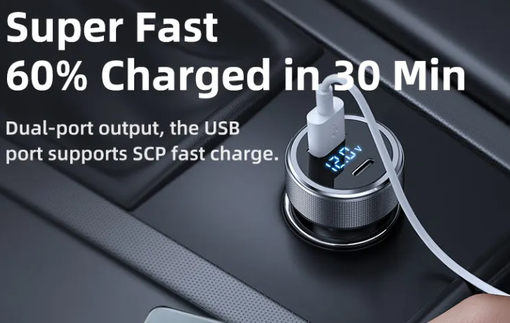 QC PD Fast Charging USB Car Charger Socket Type C With Digital Display 58.5W