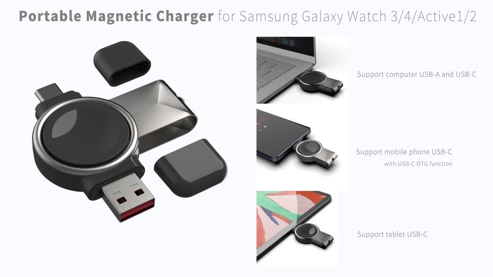 Black Samsung Watch Wireless Charger with USB Type C And Type A Input plug