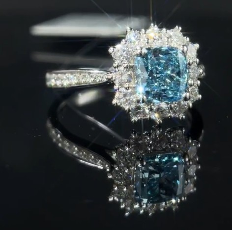 Blue Lab Grown Diamond Rings 1.29ct Cushion Cut Synthetic Diamond Gift Ring For Women